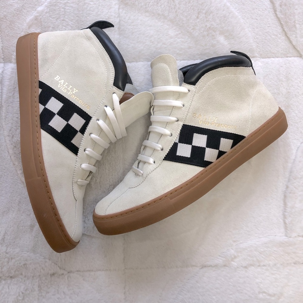 $490 Bally Vita Parcours Cream and Black Checkered Mid Top Sneakers 10D